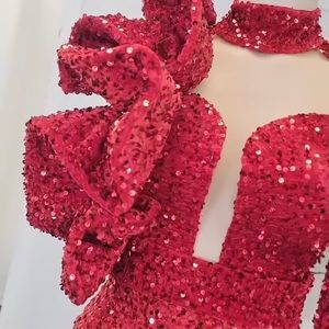 Short Red sequence dress with ruffle sleeve detail